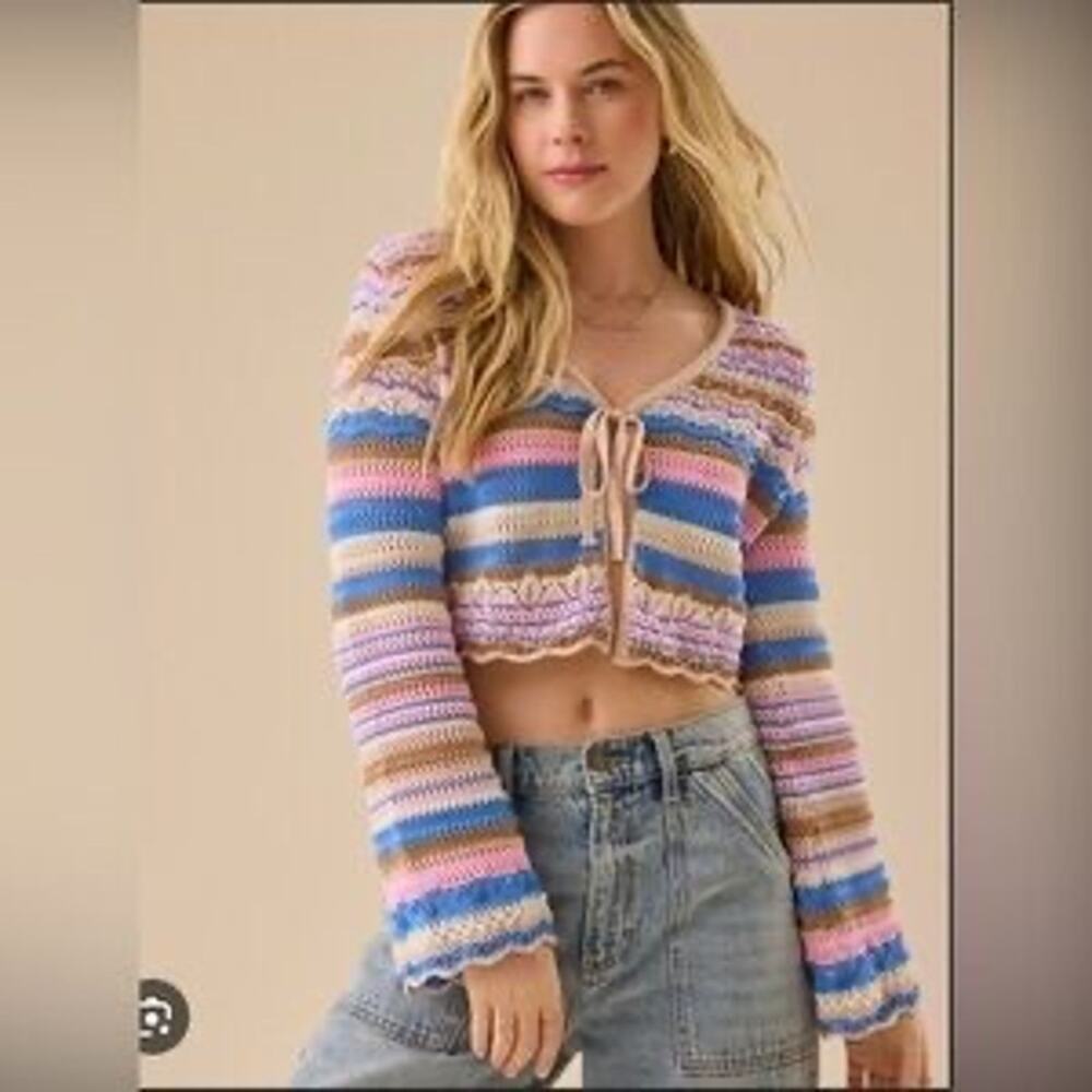 Altar’d State Byrdie Striped Crochet Cardigan Bell Sleeves Sz M Festival Beachy